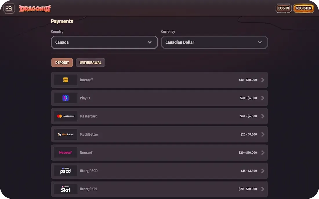 dragonia casino payments